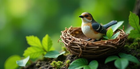 Fototapeta premium A small bird perched in a woven nest nestled amongst vibrant green foliage, symbolizing new life and springtime tranquility