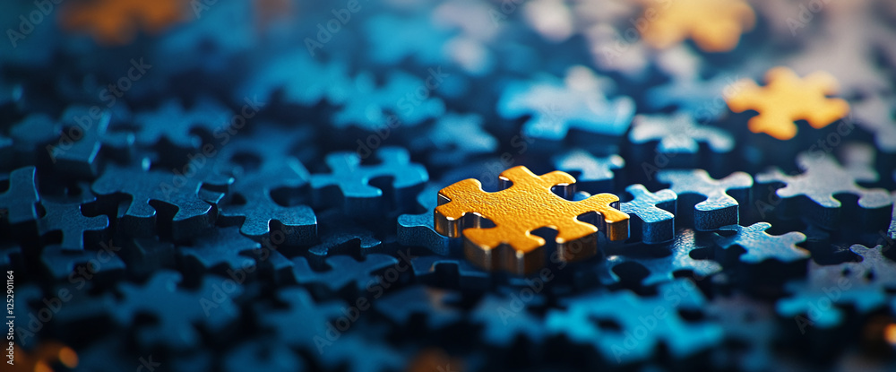 Poster a close-up view of a puzzle piece standing out in a sea of blue puzzle pieces, highlighting individu