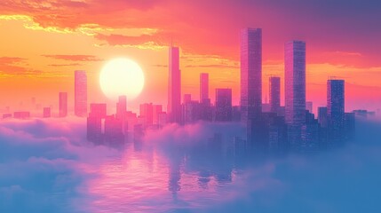 Vibrant Sunset Over a Modern City Skyline with Reflections in Water and Misty Clouds Creating a Dreamlike Atmosphere