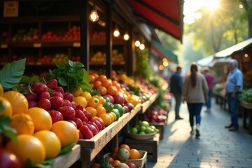 Sunlight Illuminates Vibrant Produce at a Bustling Outdoor Market, Featuring Fresh Strawberries, Oranges, and Other Colorful Fruits Arranged on Wooden Stands