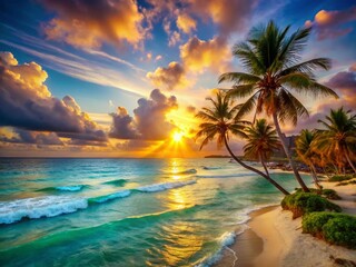 Cancun Sunrise: Golden Light, Turquoise Waters, Pristine Beach, Palm Trees