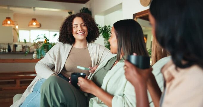Coffee, conversation and smile with woman friends on sofa in living room of home together. Bonding, laughing and reunion with happy people drinking beverage in apartment for social gathering
