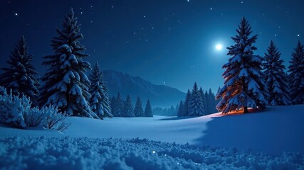 Fototapeta premium Snowy Winter Night Landscape - Stunning Scene