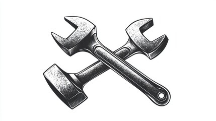Crossed wrenches and hammer; repair tools; white background; industrial graphic design