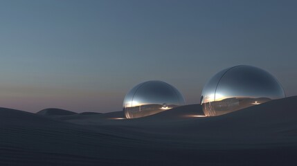 Two large, spherical objects, which appear to be spheres, sitting on top of a sandy dune. the spheres are reflecting the light from the setting sun, creating a mirror-like effect on their surface.