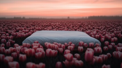 Obraz premium Bed in the middle of a field of pink tulips. the bed is covered with a white mattress and is positioned in the center of the field.