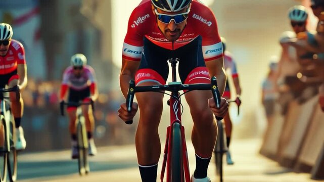 Cyclist in the Peloton: A determined cyclist leads the pack in a high-speed race, the intense focus etched on his face, showcasing the power, speed, and teamwork of competitive cycling.