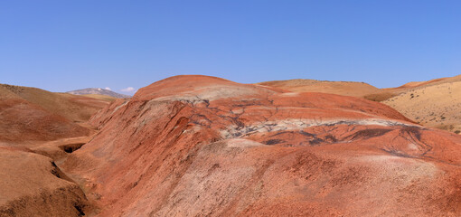 Beautiful red mountains in the Khizy region.