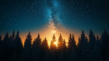 Fototapeta premium Celestial Symphony, Golden Glow Illuminating a Starry Forest Canopy