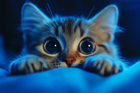 A close-up of a curious kitten with wide blue eyes peeking over a surface, bathed in soft blue lighting, symbolizing innocence and playfulness.