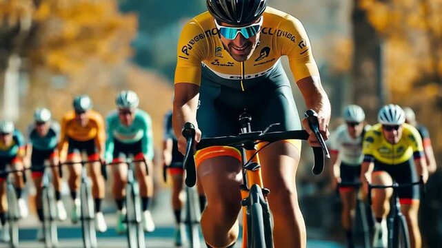 The Pursuit of Glory:  A cyclist in yellow jersey,  leads the pack in a thrilling road race,  determined expression on their face as they power through the twisting course.