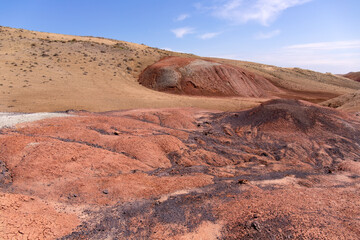Beautiful red mountains in the Khizy region.