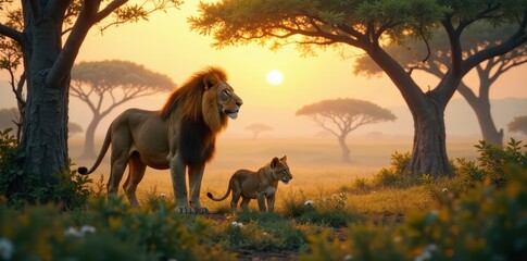 Majestic Male Lion and Cub at Sunrise in the Savanna