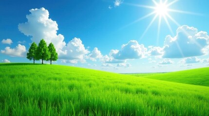 Obraz premium Serene Meadow Landscape Featuring Lush Green Grass Under a Bright Sunny Sky with Puffy White Clouds and Three Trees on a Gentle Hill