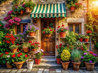 Fototapeta premium Charming Rustic Cottage Entrance with Colorful Flower Pots and Striped Awning - Long Exposure Photography