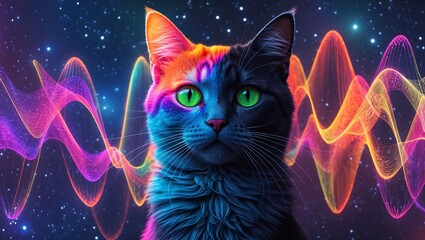 Unique creature radiating vibrant colors amidst a cosmic background, captivating viewers with its artistic charm and surreal elements during a quiet night