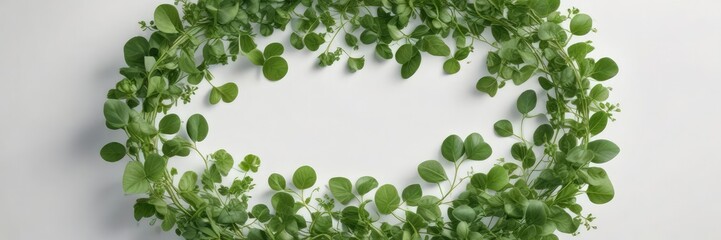 Fototapeta premium Watercress leaves arranged in a circle on a white background, green, round, design, fresh, food styling
