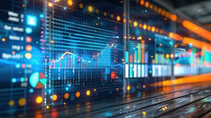 Obraz premium High-tech analytics dashboard with vibrant charts and graphs, illuminated by dynamic lights, promoting brand loyalty through detailed data visualization and modern insights.