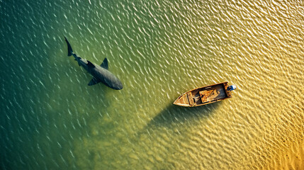 Fototapeta premium An aerial view of a wooden boat floating in clear water with the shadow of a large shark swimming beneath, symbolizing the contrast of danger hidden beneath calm waters.