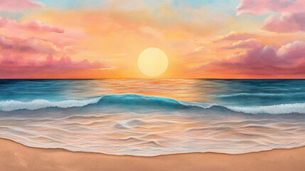 Obraz premium breathtaking sunset over ocean horizon casts golden glow on tranquil waves and sandy shore, with soft pink and orange clouds adding to serene elegance of scene