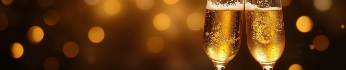 Golden champagne flutes clinking, bubbles rising, vintage, bubbles, event