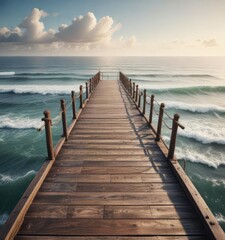 Fototapeta premium Vintage wooden walkway leading to the endless sea, beauty, deck