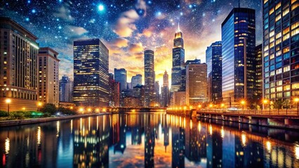 Obraz premium Chicago River Night Skyline Double Exposure - Dramatic Cityscape Photography