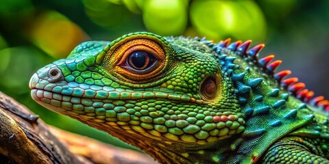 Fototapeta premium Chinese Crocodile Lizard Close-up: Vivid Green Scales & Reddish Neck Markings