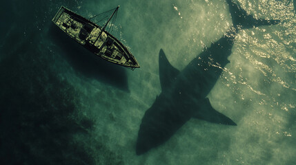 Aerial view of a wooden boat on the water with the shadow of a shark underneath, symbolizing the hidden dangers beneath the calm surface of the ocean.