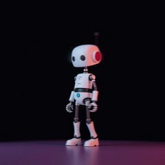 Naklejka premium A small, friendly robot with a retro design stands in a dark setting, illuminated by soft lights