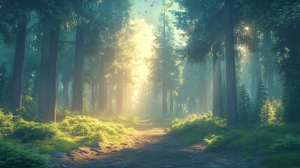 Sunlit Path through Towering Trees, A Mystical Forest Scene with Bird Silhouettes