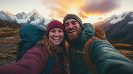 Young adventurous couple taking a selfie with dramatic mountain landscape behind them