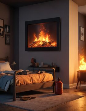 Un bombero con manguera apaga un incendio en una habitaci?n con muebles quemados, humo, salvavidas, bomberos