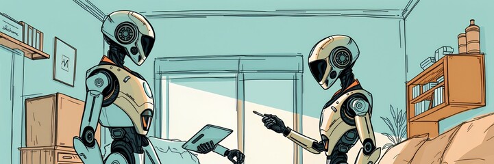 Futuristic Roommates: Two Robots in a Modern Apartment