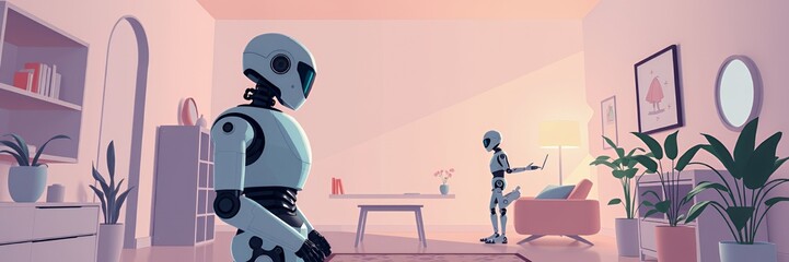 Obraz premium Robotic Companionship: A Serene Domestic Scene with Advanced Androids