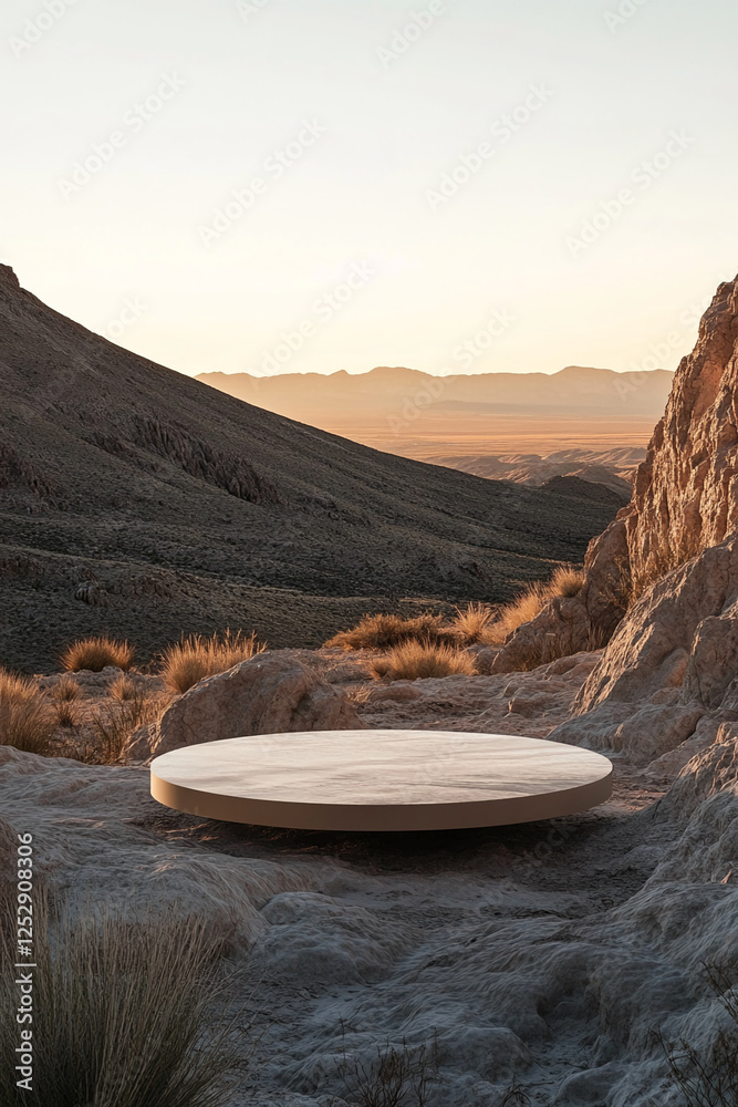 Poster a minimalist round podium placed in a desert landscape surrounded by rocky formations and dry grass,