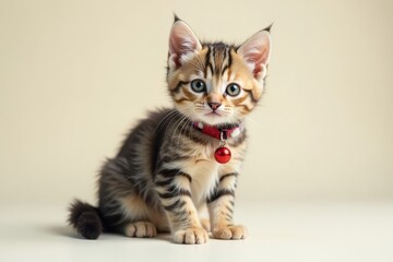 Obraz premium Adorable Kitten with Red Bell Collar Posing for a Portrait on Light Background
