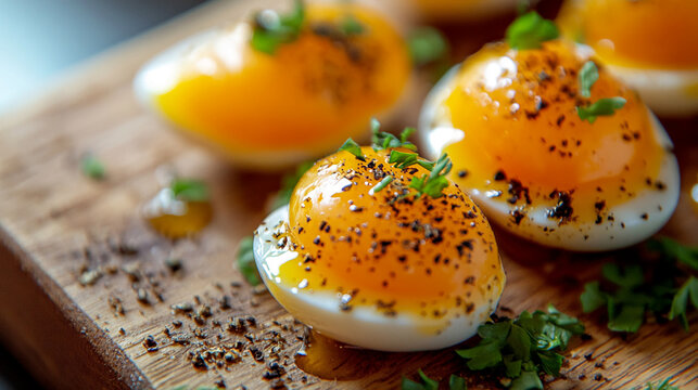 Close-up of halved soft boiled eggs with bright yellow yolk, topped with fresh herbs and cracked black pepper, placed on a wooden board, showcasing healthy food preparation.