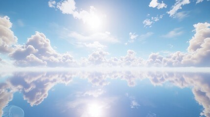 A clear, bright sky blue background with soft white clouds floating gently across the surface