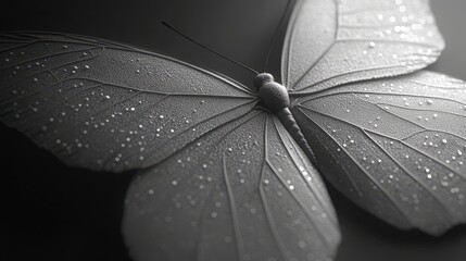 Delicate white butterfly, dew drops, dark background, nature macro