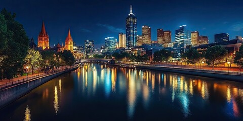 Obraz premium Melbourne City Night Skyline River Reflections