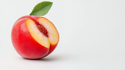 Halved Peach with Green Leaf on White Background