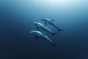 Naklejka premium Three dolphins swim in sync in deep blue water, highlighting graceful movement and unity of this extinct species. Underwater elegance, strength, and beauty of these rare aquatic mammals.