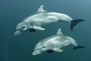 Fototapeta premium Pair dolphins swimming side by side underwater, showcasing their smooth forms and distinctive markings, calm, close connection between these rare and extinct river species in their natural habitat.