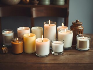 Wooden table with various artisanal candles in different shapes and sizes, wooden table, decorative item