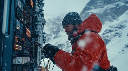 Bearded man in red parka works on snowy mountain equipment.