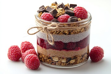 Clear glass jar with chia pudding, visible layers of raspberries, granola, and chocolate shavings, tied with twine for decoration.