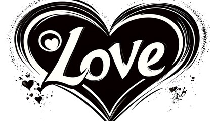 Monochrome heart symbol with a central affection term, surrounded by smaller heart shapes, on a light-colored background