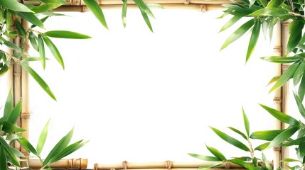 Fototapeta premium Bamboo Frame with Green Leaves on White Background for Decoration