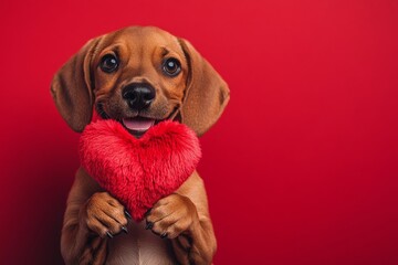 Cute bloodhound pup with fluffy red heart - sign of love, funny greeting card. Digital ads creative. Bloodhound - my preferred dog. Heartwarming valentine's moments. Valentine's day dog gifts.